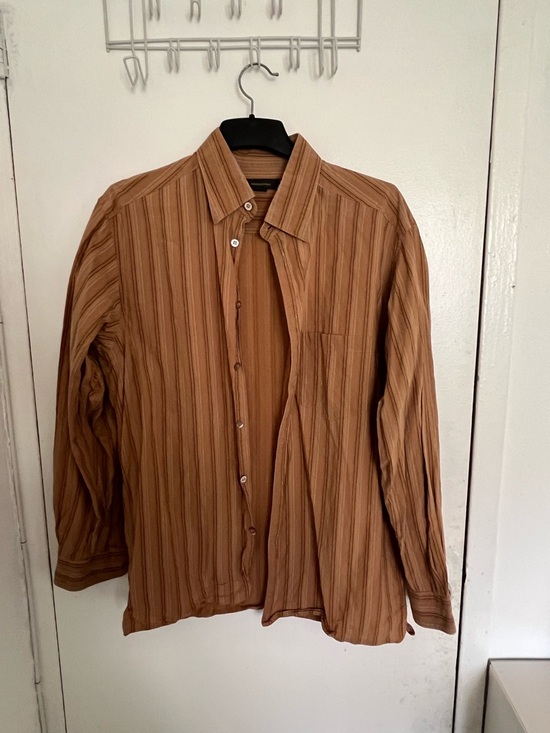 Ermenegildo Zegna Other - Ermenegildo Zegna Tan Shirt with Thin Blue & Black Stripes